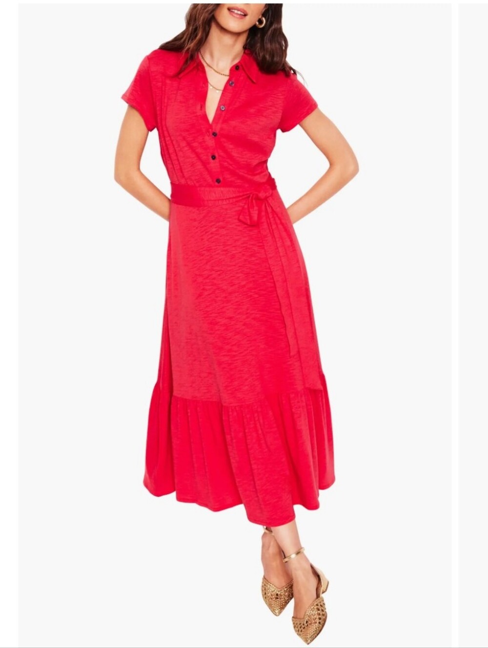 Boden Cressida Jersey Shirt Dress Pink Red Short-Sleeve Button Upper Tie Waist
